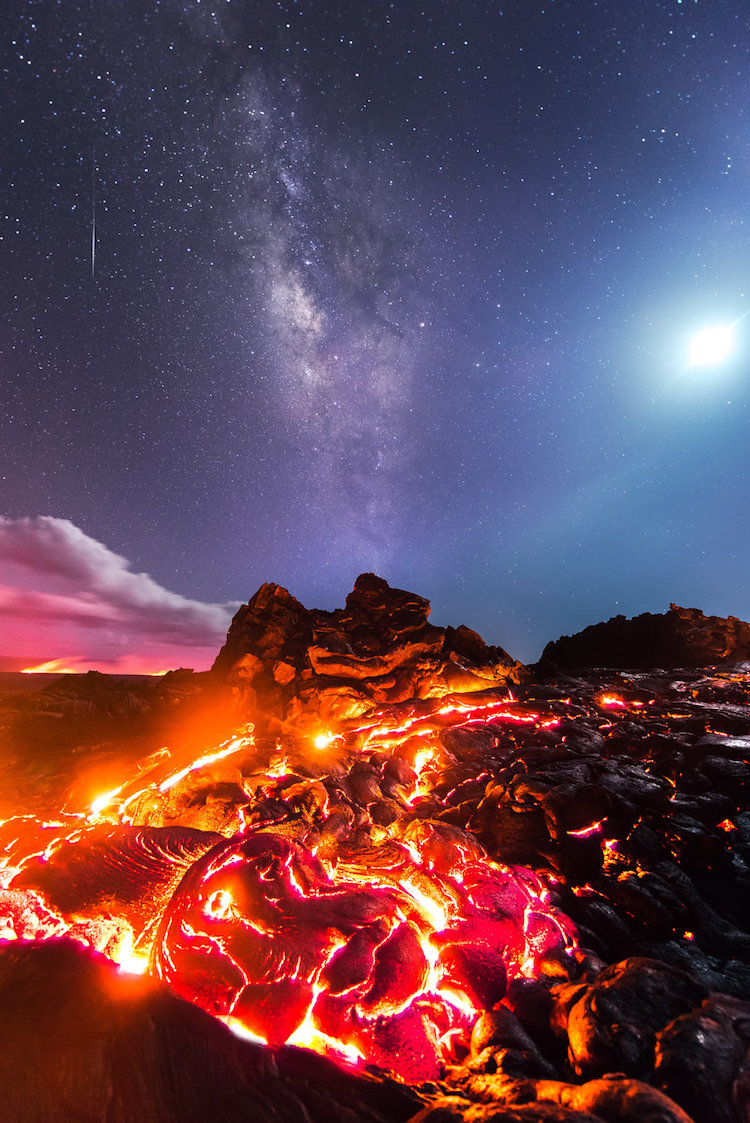 Photograph Of A Lifetime With Moon, Milky Way, Meteor And Lava