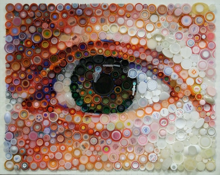 Mosaic SelfPortrait Constructed with 7,000 Colorful Bottle Caps