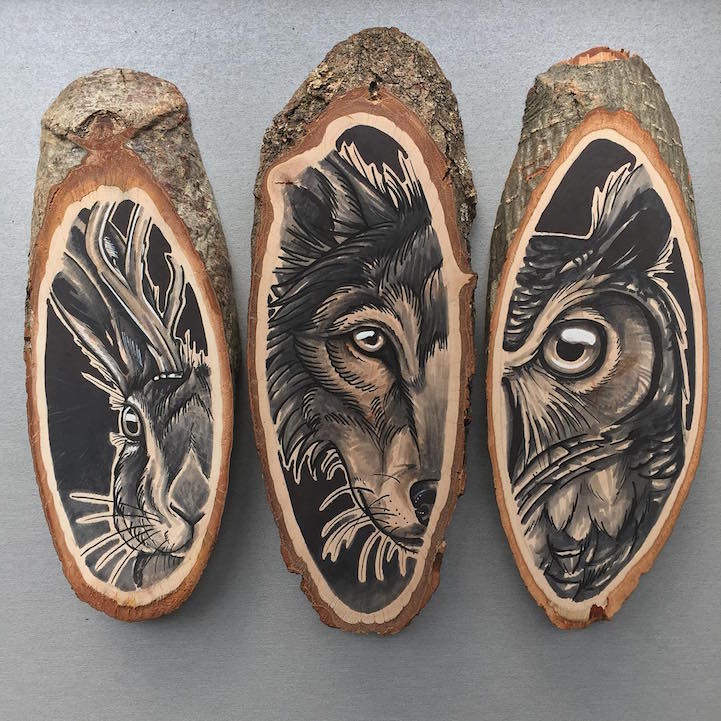 Artist Uses Wood Slices as Organic Canvas for NatureThemed Portraits