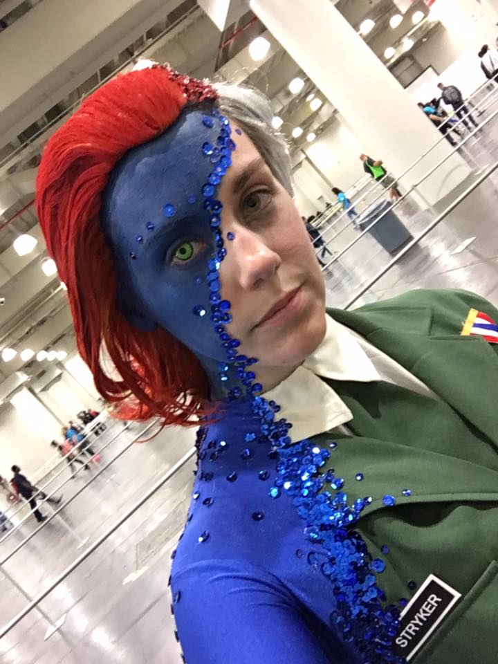Blue Sequins Detailed Makeup Gives The Illusion Of Mid-Transformation In Cosplay Costume